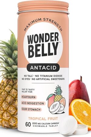 Wonderbelly Antacid, Effective Heartburn and Instant Acid Indigestion Relief, Extra Strength Chewable Tablets, 1000 mg Calcium Carbonate, No Talc or Dye, Tropical Fruit, 60 Count