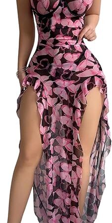 Women's 2 Piece Floral Lingerie Set Ruffle Thigh Slit Maxi Chemise Nightgowns with Thong