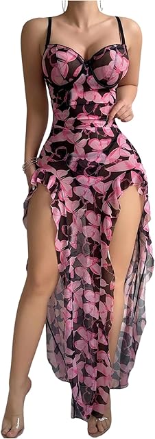 Women's 2 Piece Floral Lingerie Set Ruffle Thigh Slit Maxi Chemise Nightgowns with Thong