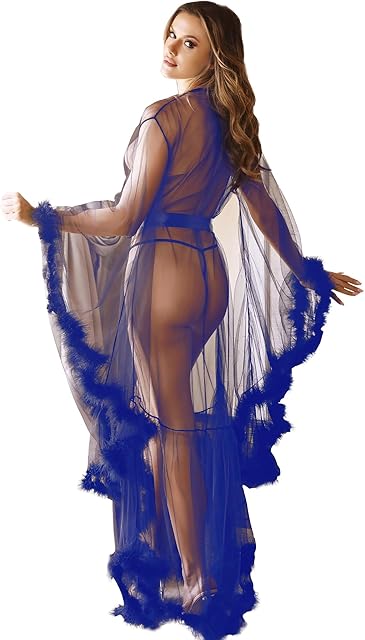 Women Lingerie Robe Long Sheer Kimono Robe Nightgown Bridal Robe with Fur