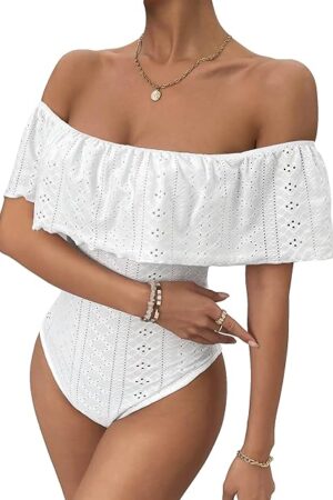 Women's Off Shoulder Ruffle Trim Eyelet Embroidered Strapless Tube Top Bodysuit