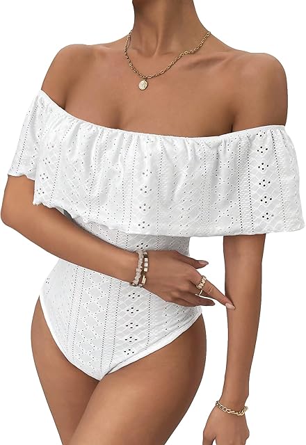 Women's Off Shoulder Ruffle Trim Eyelet Embroidered Strapless Tube Top Bodysuit