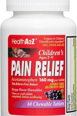HealthA2Z? Children's Chewable Pain Relief | Acetaminophen 160mg | Chewable Tablets | Grape Flavor Chewables | Aspirin & Ibuprofen Free (60 Counts)