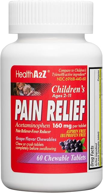 HealthA2Z? Children's Chewable Pain Relief | Acetaminophen 160mg | Chewable Tablets | Grape Flavor Chewables | Aspirin & Ibuprofen Free (60 Counts)