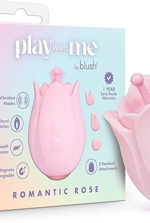Blush Novelties - Play with Me - Rose Vibrating Silicone Massager, Rosebud Attachment Heads, 10 Vibration Modes for Clitoral & Nipple Stimulation, Platinum Cured Liquid Silicone - Adult Sex Toy - Pink