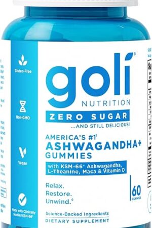 Goli Zero Sugar Ashwagandha & Vitamin D, Maca, L-Theanine Gummies, No Artificial Sweeteners, No Sugar Alcohols Mixed Berry, KSM-66, Vegan, Plant Based, Non-GMO, Gluten-Free & Gelatin Free (1)
