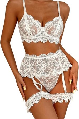 Women's Floral Lace Underwire Push Up Bra and Panty See Through Garter Lingerie Set