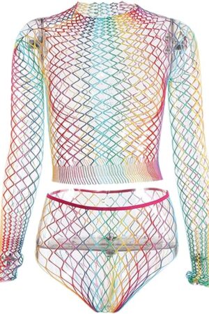 Womens Sexy Rainbow Striped Mesh See Through Bodysuit Swimwear Bikini Cover Ups Swimsuit Rave Festivals Outfits
