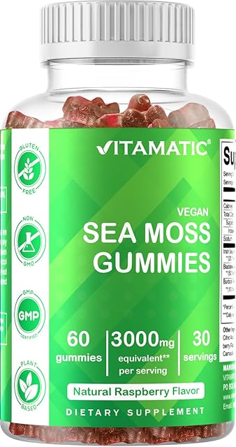 Vitamatic Irish Sea Moss Gummies ? 3000mg Equivalent Per Serving (from Extract 1325mg) ? 60 Ct Made with Bladderwrack & Burdock Root ? Seamoss Supplement for Thyroid, Energy & Immune Support