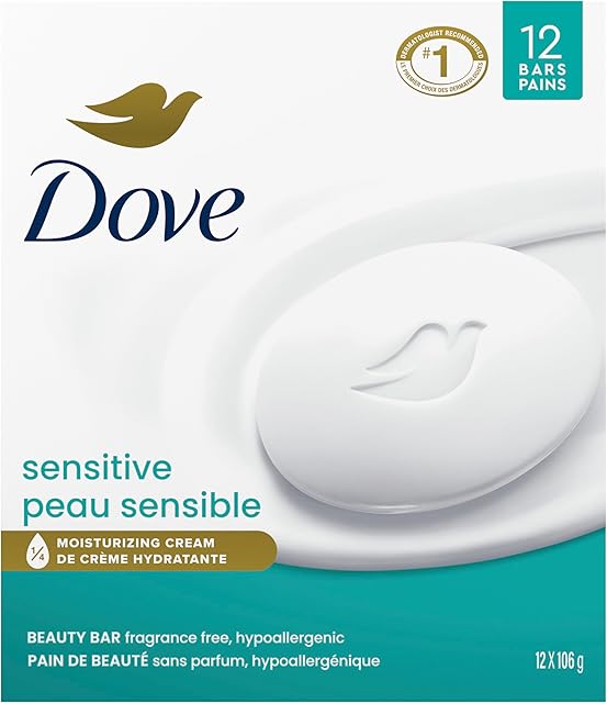 Dove Beauty Bar Soap 12 Bars Sensitive, for Sensitive Skin, Fragrance Free and Hypoallergenic 3.75 oz