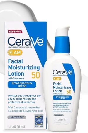 CeraVe AM Facial Moisturizing Lotion SPF 50, Face Moisturizer with SPF, Hyaluronic Acid, Niacinamide & Ceramides, Non-Greasy, Blends Seamlessly With No White Cast, Non Comedogenic Sunscreen, 3 Oz