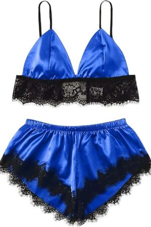 Women's Floral Lace Lingerie Set 2 Piece Satin Pjs Pajama Sexy V Neck Cami Top Bralettes and Shorts Nightwear