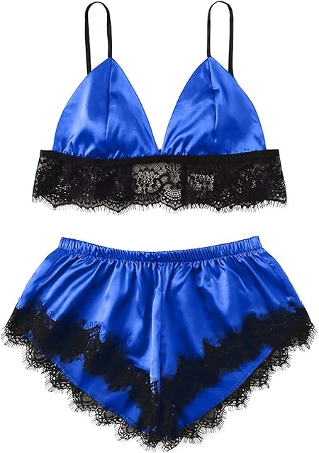 Women's Floral Lace Lingerie Set 2 Piece Satin Pjs Pajama Sexy V Neck Cami Top Bralettes and Shorts Nightwear