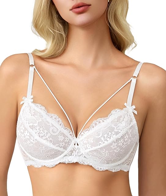 Women's Sexy Lace Bra Sheer Balconette Unlined Underwire Strappy Bras Everyday Bras