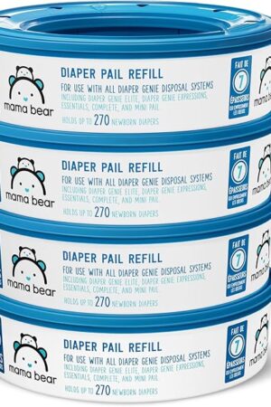 Amazon Brand - Mama Bear Diaper Pail Refills for Diaper Genie Pails, Unscented, 1080 Count (4 Packs of 270 Count)