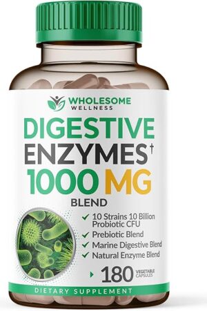Wholesome Wellness Digestive Enzymes 1000MG Plus Prebiotics & Probiotics Supplement, 180 Capsules, Organic Plant-Based Vegan Formula for Digestion & Lactose with Amylase & Bromelain,3-6 Months Supply