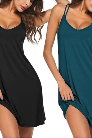 2 Pack Nightgowns for Women Racerback Sleeveless Night Shirt Sexy Sleep Dress Spaghetti Strap Sleepwear S-XXXL,2 Pack-black/Peacock Blue,L