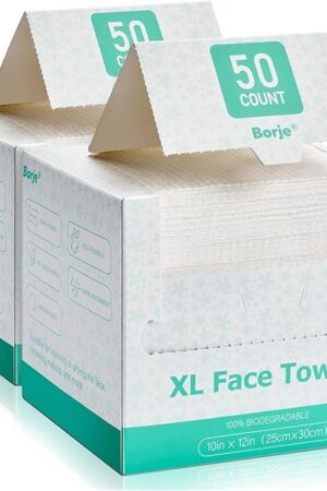 Borje Face Towels XL, Disposable Face Towel 10" x 12", 100 Count (2 Packs of 50), 100% USDA Biobased Facial Towelettes, Ultra Soft & Thick Makeup Remover Wipes for Women Cleansing