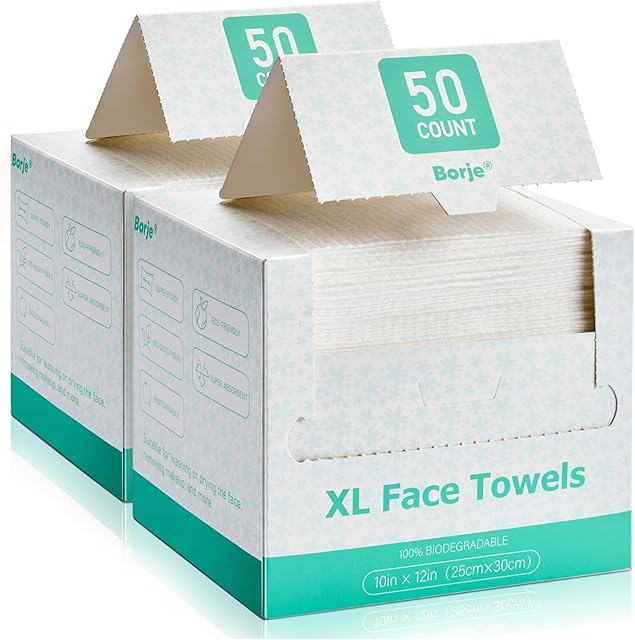 Borje Face Towels XL, Disposable Face Towel 10" x 12", 100 Count (2 Packs of 50), 100% USDA Biobased Facial Towelettes, Ultra Soft & Thick Makeup Remover Wipes for Women Cleansing