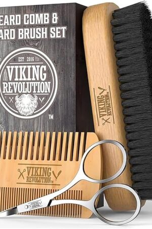 Viking Revolution Beard Comb & Beard Brush Set for Men -- Natural Boar Bristle Brush and Dual Action Pear Wood Comb w/Velvet Travel Pouch - Great for Grooming Beards and Mustaches
