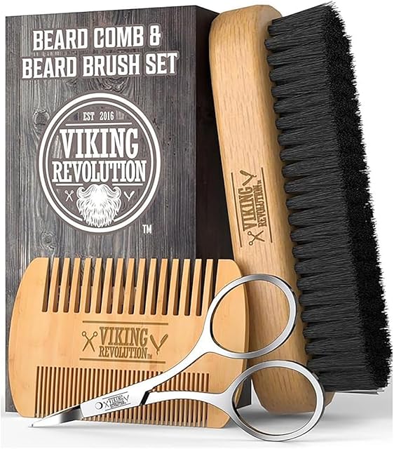 Viking Revolution Beard Comb & Beard Brush Set for Men -- Natural Boar Bristle Brush and Dual Action Pear Wood Comb w/Velvet Travel Pouch - Great for Grooming Beards and Mustaches