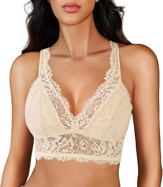 Bralettes for Women Sexy Lace Bras Racerback Camisole Tops Sleeveless Comfort Undershirt Triangle Lingerie Beige