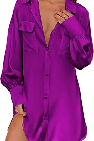 Women Satin Sleep Shirt Long Sleeve Nightgown Button Down Nightshirt Silk Sleepwear Soft Pajama Dress Sleep Dress
