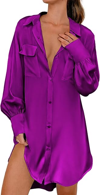 Women Satin Sleep Shirt Long Sleeve Nightgown Button Down Nightshirt Silk Sleepwear Soft Pajama Dress Sleep Dress