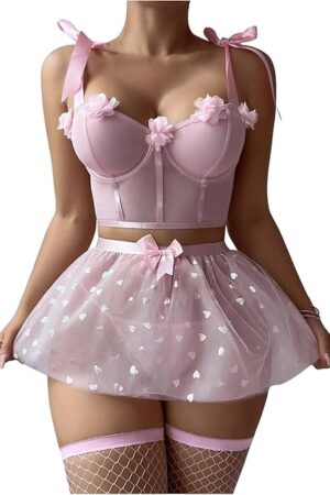 Women's 5 Piece Lingerie Set Bow Tie Camisole Mesh Tulle Skirt and Thong with Stockings