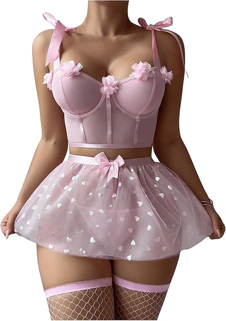 Women's 5 Piece Lingerie Set Bow Tie Camisole Mesh Tulle Skirt and Thong with Stockings