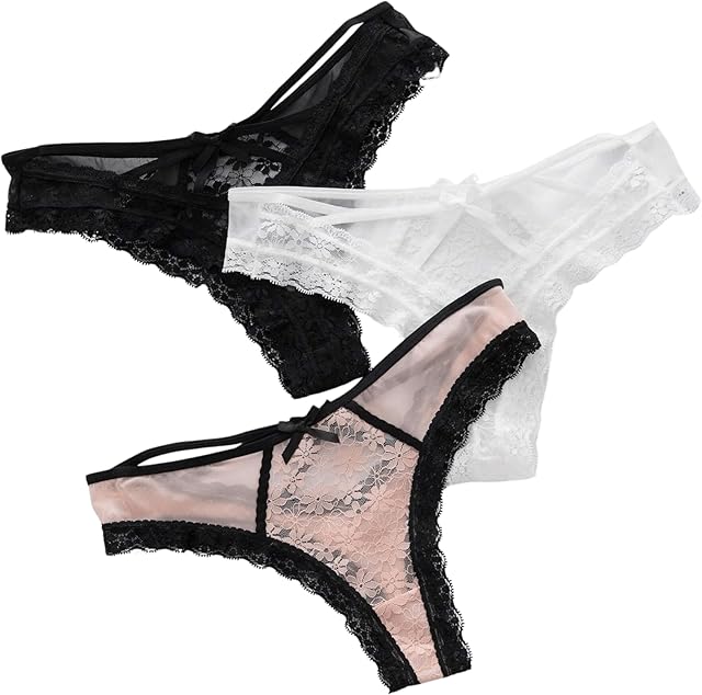 Women's 3 Packs Sheer Panties Floral Mesh Underwear Lace G String Thongs