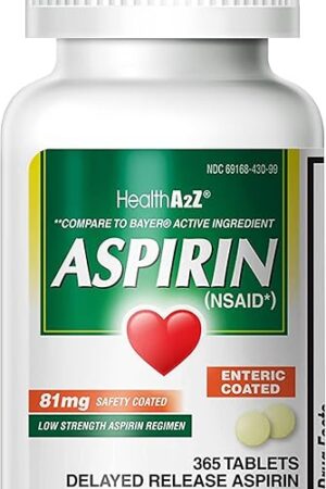 HealthA2Z? Aspirin 81 mg | Low Strength | Enteric Coated | Pain Relief | Reduces Minor Aches Muscle Pain & Cramps | Fever Reducer | Reduces Headache (365 Counts)