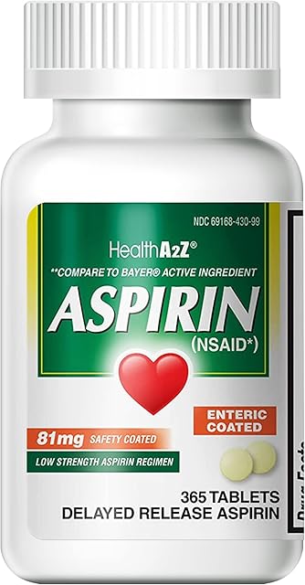 HealthA2Z? Aspirin 81 mg | Low Strength | Enteric Coated | Pain Relief | Reduces Minor Aches Muscle Pain & Cramps | Fever Reducer | Reduces Headache (365 Counts)