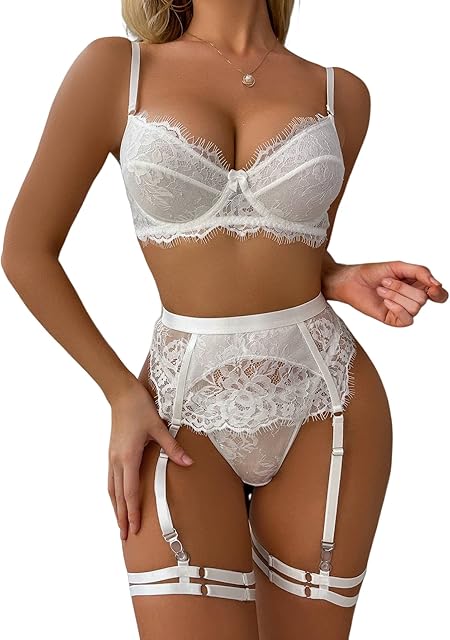 Women's 5 Piece Eyelash Lace Strappy Garter High Waisted Belt Underwire Lingerie Set