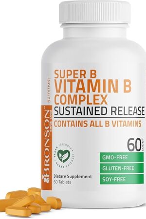 Bronson Super B Vitamin B Complex Sustained Slow Release (Vitamin B1, B2, B3, B6, B9 - Folic Acid, B12) Contains All B Vitamins 60 Tablets