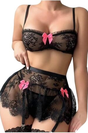 Lace Garter Lingerie for Women Floral Mesh Mini Skirt Nightwear See Through Teddy Bodysuit Sexy Underwear Sleepwear