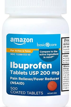 Amazon Basic Care Ibuprofen Tablets 200 mg, Pain Reliever/Fever Reducer, Body Aches, Headache, Arthritis Pain Relief and More, 500 Count (Packaging may vary)