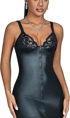 Women's Plus Size V-Neck Leather Lingerie Dress Spaghetti Strap Lace Chemise Zip up Lingerie Bodycon Mini Dresses