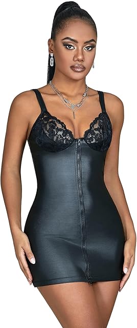 Women's Plus Size V-Neck Leather Lingerie Dress Spaghetti Strap Lace Chemise Zip up Lingerie Bodycon Mini Dresses