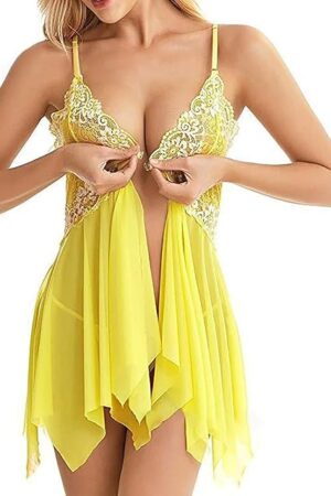 Embroidery Sheer Lace Nightgowns for Women Plus Size Open Front Deep V Neck Sexy Babydoll Chemise Lingerie Dress