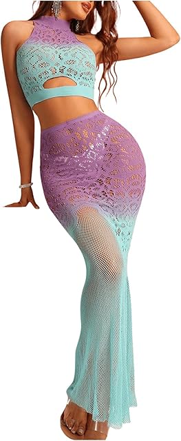 Women's 2 Piece Lingerie Set Ombre Sheer Sleeveless Tank Crop Tops Bodycon Maxi Skirt Sexy Lingerie