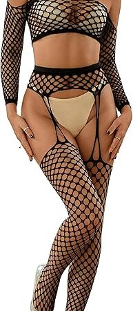 Womens Naughty Bodysuit Set Cutout Top+Stretchy Suspenders Stocking Sexy Tights Bodycon Lingerie