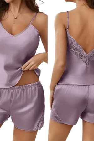 Womens Silky Satin Lace Pajama Set 2 Piece Sexy V-Neck Backless Cami Shorts Sleepwear Lingerie PJs Summer Bridal Lounge