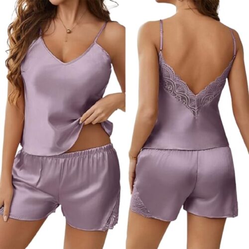 Womens Silky Satin Lace Pajama Set 2 Piece Sexy V-Neck Backless Cami Shorts Sleepwear Lingerie PJs Summer Bridal Lounge