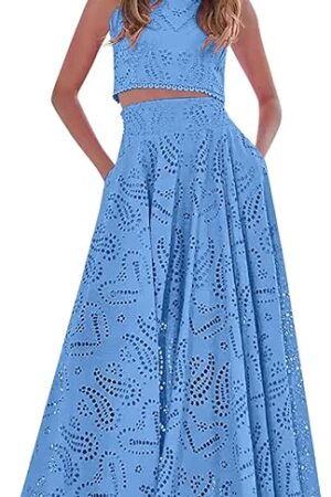 Women's 2 Piece Eyelet Skirt Set Sexy Sleeveless Hollow Out Lace Tank Top Maxi Skirt Outfits Fashion Party Dress