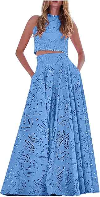 Women's 2 Piece Eyelet Skirt Set Sexy Sleeveless Hollow Out Lace Tank Top Maxi Skirt Outfits Fashion Party Dress