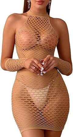 Women's Sexy Fishnet Mesh Lingerie Bodysuit Outfits Exotic Sets Net Top + Wrap Skirt + Sexy Hand Socks Mini Dress