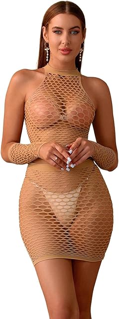 Women's Sexy Fishnet Mesh Lingerie Bodysuit Outfits Exotic Sets Net Top + Wrap Skirt + Sexy Hand Socks Mini Dress