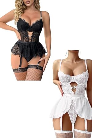 Women Lingerie Lace Lingerie Sets with Garter Belts 4 Piece Bodysuit Teddy Included Panty