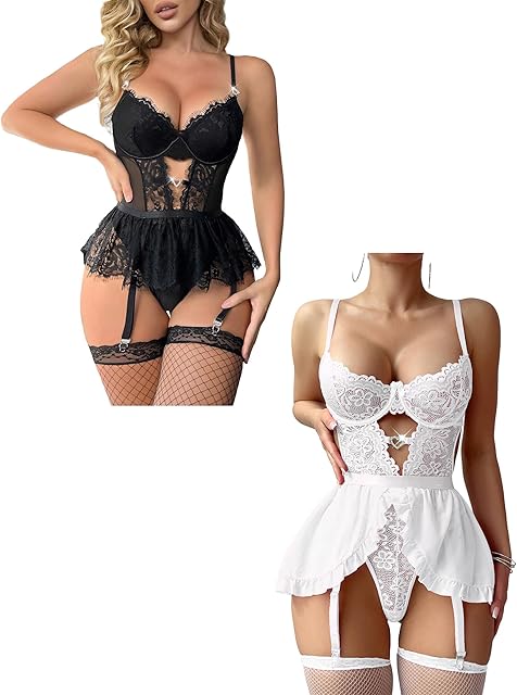 Women Lingerie Lace Lingerie Sets with Garter Belts 4 Piece Bodysuit Teddy Included Panty